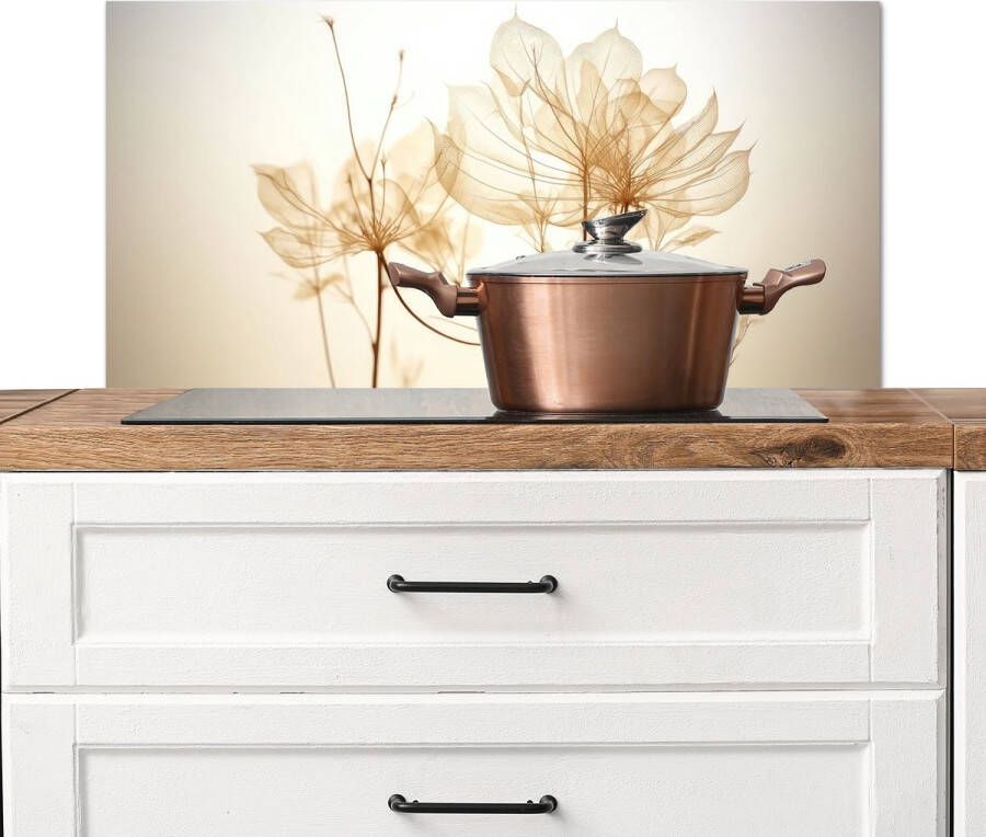 KitchenYeah Spatscherm keuken 80x40 cm Kookplaat achterwand Droogbloemen Beige Planten Wit Muurbeschermer Spatwand fornuis Hoogwaardig aluminium