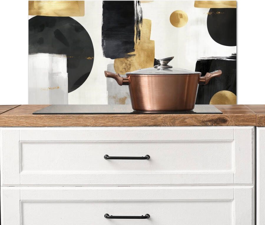 KitchenYeah Spatscherm keuken 80x40 cm Kookplaat achterwand Goud Rechthoeken Cirkels Abstract Muurbeschermer Spatwand fornuis Hoogwaardig aluminium