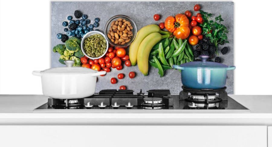 KitchenYeah Spatscherm keuken 80x40 cm Kookplaat achterwand Groente Fruit Grijs Muurbeschermer Spatwand fornuis Hoogwaardig aluminium
