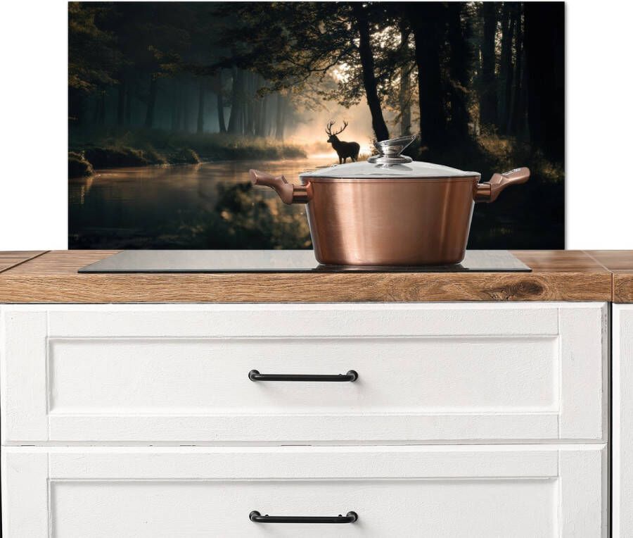 KitchenYeah Spatscherm keuken 80x40 cm Kookplaat achterwand Hert Bosbeek Mystiek Muurbeschermer Spatwand fornuis Hoogwaardig aluminium