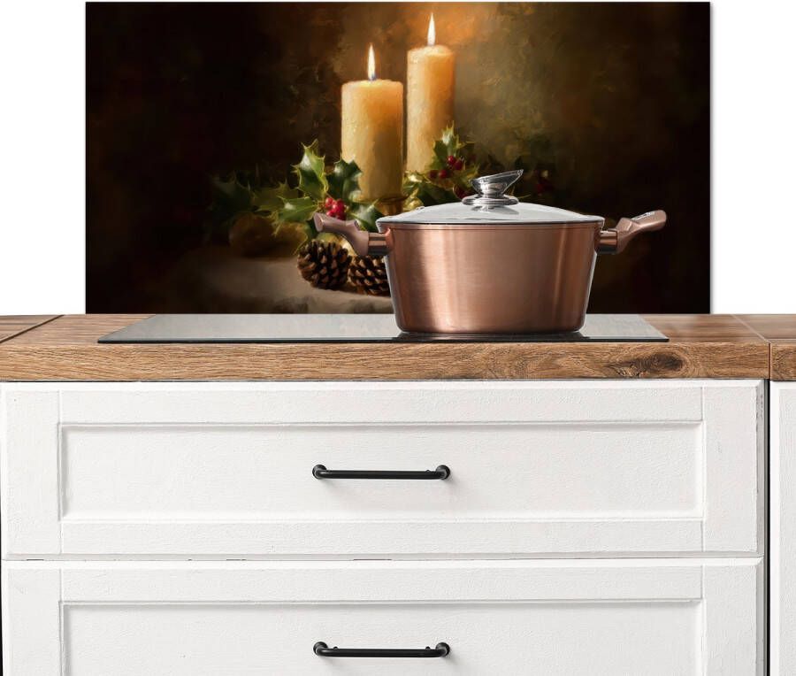KitchenYeah Spatscherm keuken 80x40 cm Kookplaat achterwand Kaarslicht Kerst Veelkleurig Muurbeschermer Spatwand fornuis Hoogwaardig aluminium