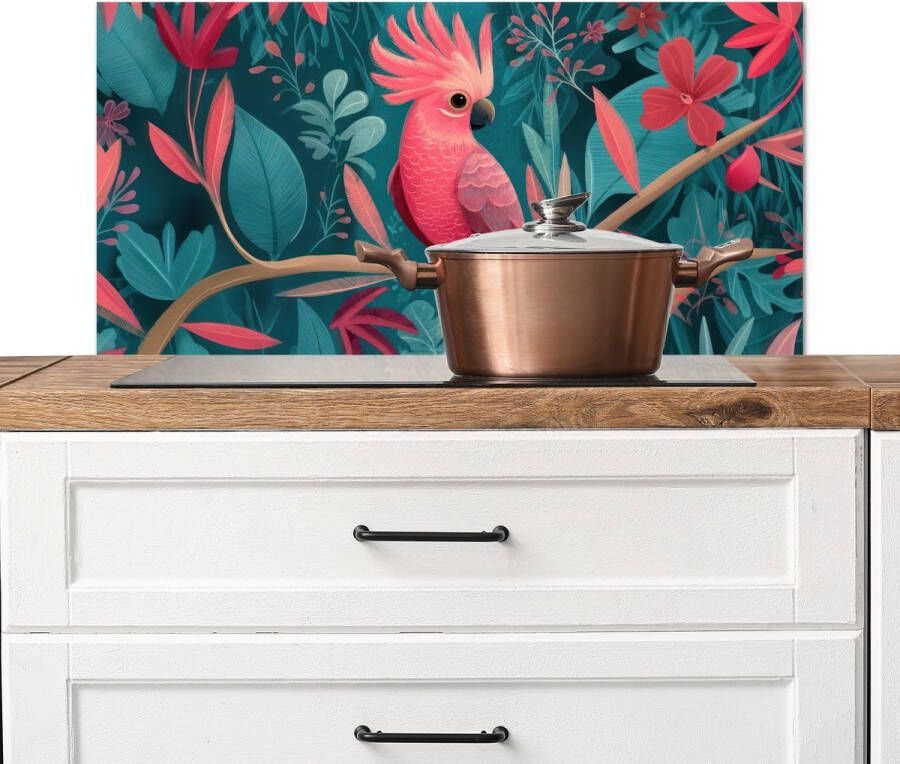 KitchenYeah Spatscherm keuken 80x40 cm Kookplaat achterwand Kaketoe Tropische bladeren Tak Muurbeschermer Spatwand fornuis Hoogwaardig aluminium