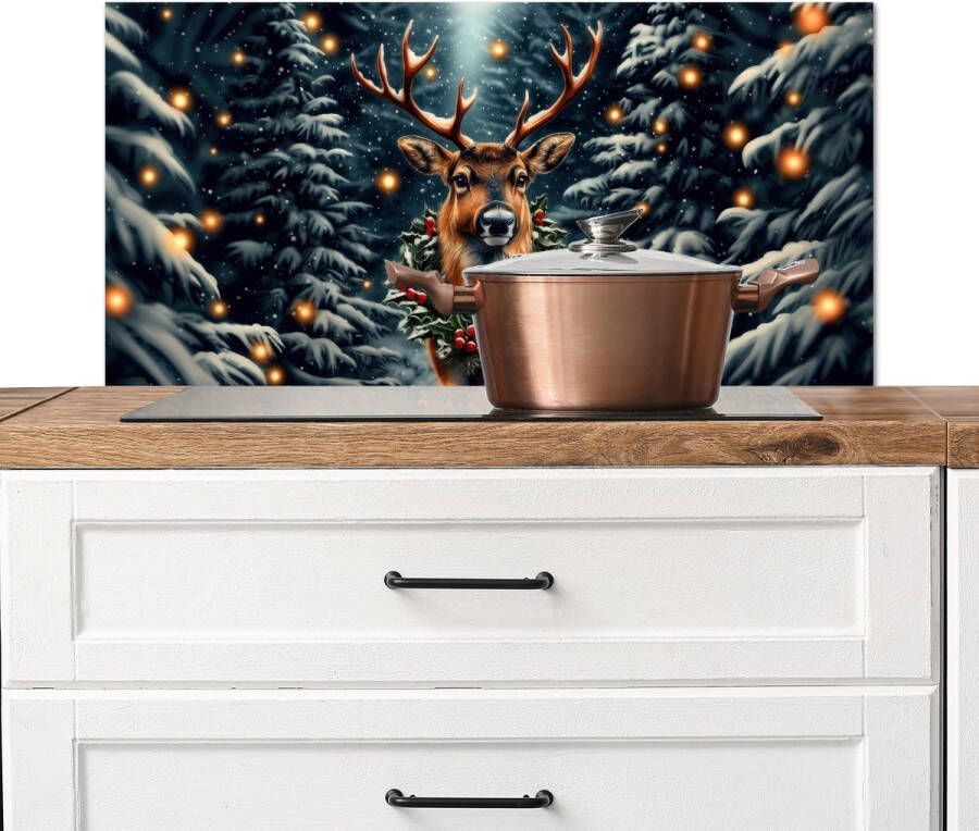 KitchenYeah Spatscherm keuken 80x40 cm Kookplaat achterwand Kerst Magie Bos Kleurrijk Muurbeschermer Spatwand fornuis Hoogwaardig aluminium