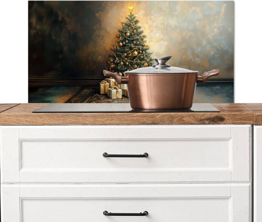 KitchenYeah Spatscherm keuken 80x40 cm Kookplaat achterwand Kerstboom Cadeaus Goud Muurbeschermer Spatwand fornuis Hoogwaardig aluminium