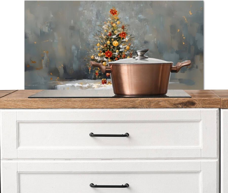 KitchenYeah Spatscherm keuken 80x40 cm Kookplaat achterwand Kerstboom Cadeaus Rood Goud Muurbeschermer Spatwand fornuis Hoogwaardig aluminium