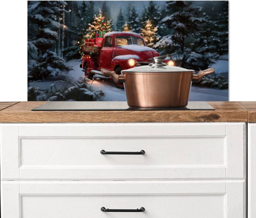 KitchenYeah Spatscherm keuken 80x40 cm Kookplaat achterwand Kersttruck Sneeuwbos Rood Muurbeschermer Spatwand fornuis Hoogwaardig aluminium