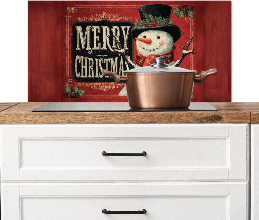 KitchenYeah Spatscherm keuken 80x40 cm Kookplaat achterwand Klassiek Kerstgroet Sneeuwpop Rood Muurbeschermer Spatwand fornuis Hoogwaardig aluminium