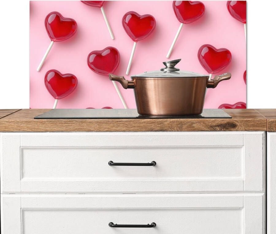 KitchenYeah Spatscherm keuken 80x40 cm Kookplaat achterwand Lollies Hartjes Roze Muurbeschermer Spatwand fornuis Hoogwaardig aluminium