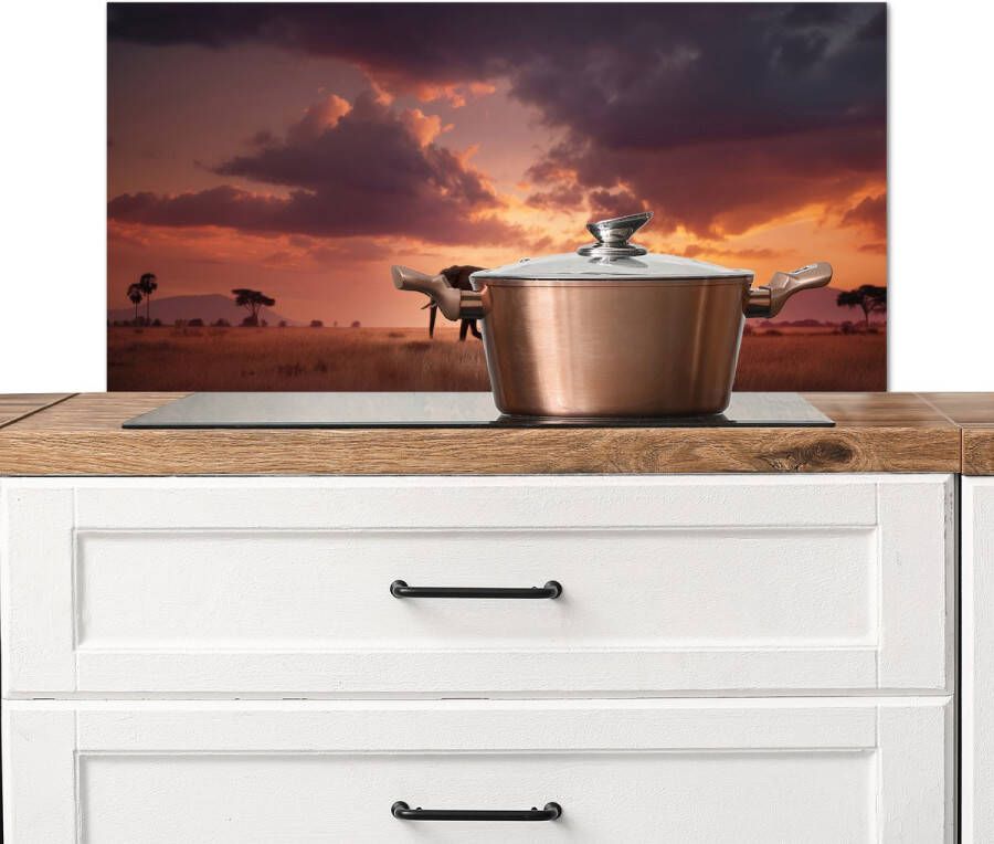 KitchenYeah Spatscherm keuken 80x40 cm Kookplaat achterwand Olifanten Grasland Zonsondergang Muurbeschermer Spatwand fornuis Hoogwaardig aluminium