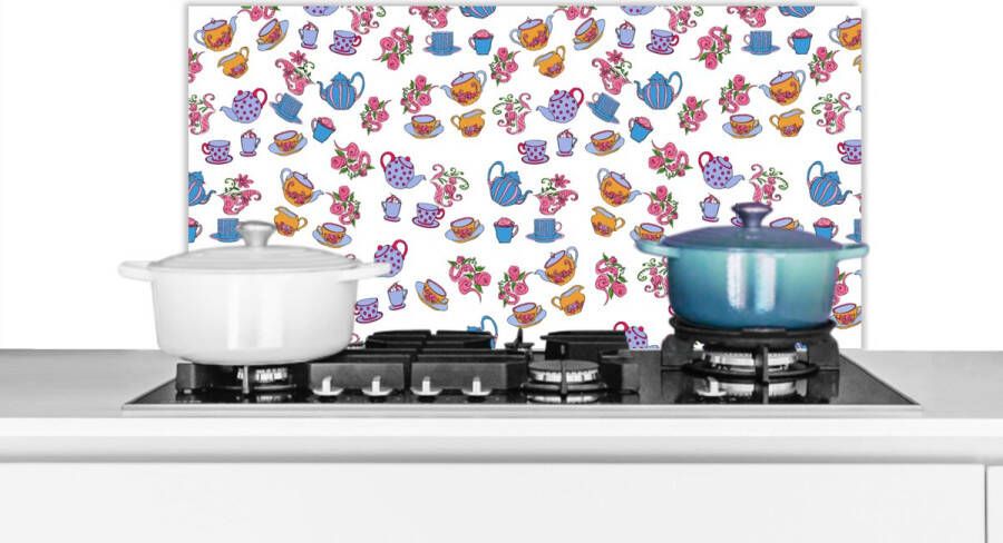 KitchenYeah Spatscherm keuken 80x40 cm Kookplaat achterwand Patronen Thee Rozen Theepot Muurbeschermer Spatwand fornuis Hoogwaardig aluminium