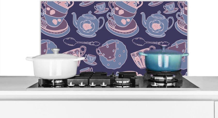 KitchenYeah Spatscherm keuken 80x40 cm Kookplaat achterwand Patroon Thee Kop Theepot Muurbeschermer Spatwand fornuis Hoogwaardig aluminium