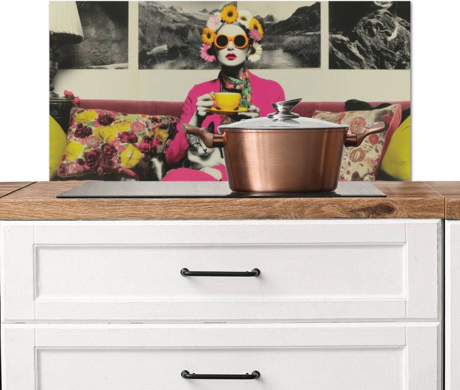 KitchenYeah Spatscherm keuken 80x40 cm Kookplaat achterwand Vrouw Kat Bloemen Kopje Retro Muurbeschermer Spatwand fornuis Hoogwaardig aluminium
