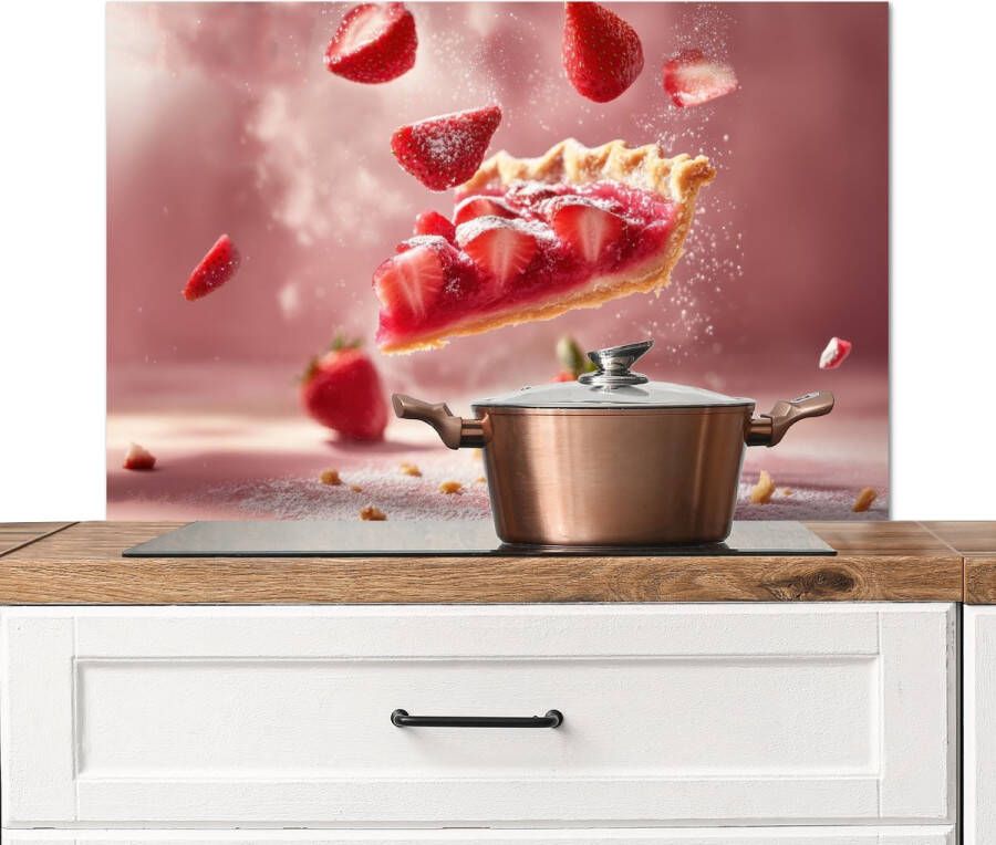 KitchenYeah Spatscherm keuken 80x55 cm Kookplaat achterwand Aardbei Taart- Eten Roze Muurbeschermer Spatwand fornuis Hoogwaardig aluminium