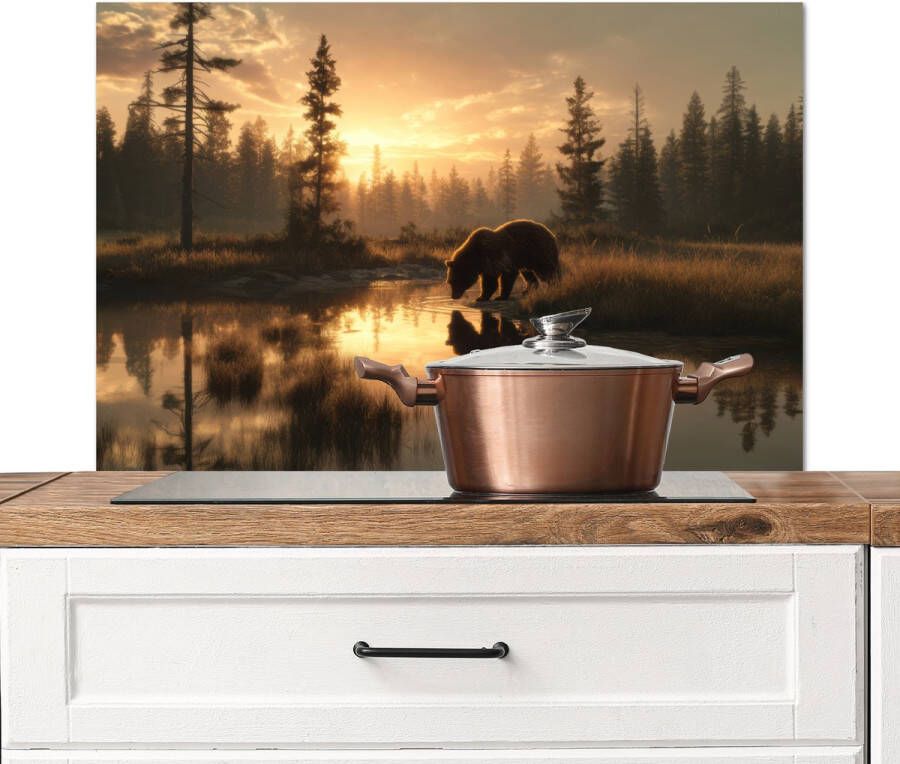 KitchenYeah Spatscherm keuken 80x55 cm Kookplaat achterwand Beer water Bos Ochtendlicht Muurbeschermer Spatwand fornuis Hoogwaardig aluminium