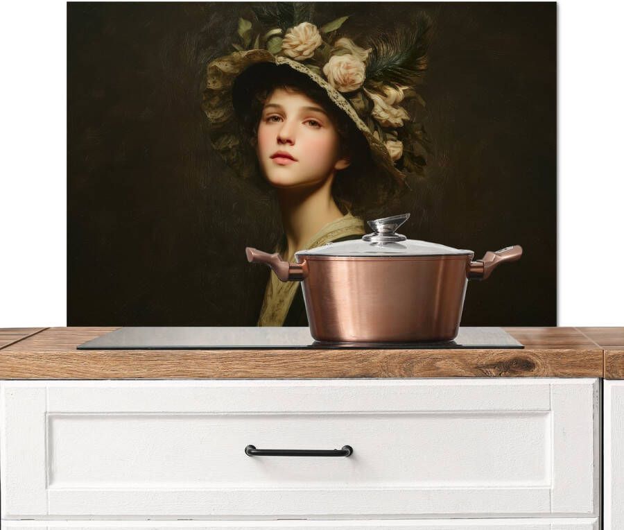 KitchenYeah Spatscherm keuken 80x55 cm Kookplaat achterwand Bloemenhoed Portret Vrouw Muurbeschermer Spatwand fornuis Hoogwaardig aluminium