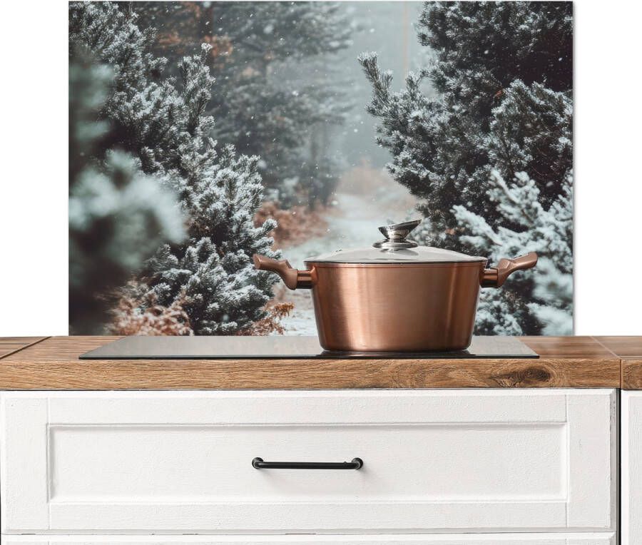 KitchenYeah Spatscherm keuken 80x55 cm Kookplaat achterwand Bos Winter Bomen Natuur Pad Sneeuw Muurbeschermer Spatwand fornuis Hoogwaardig aluminium