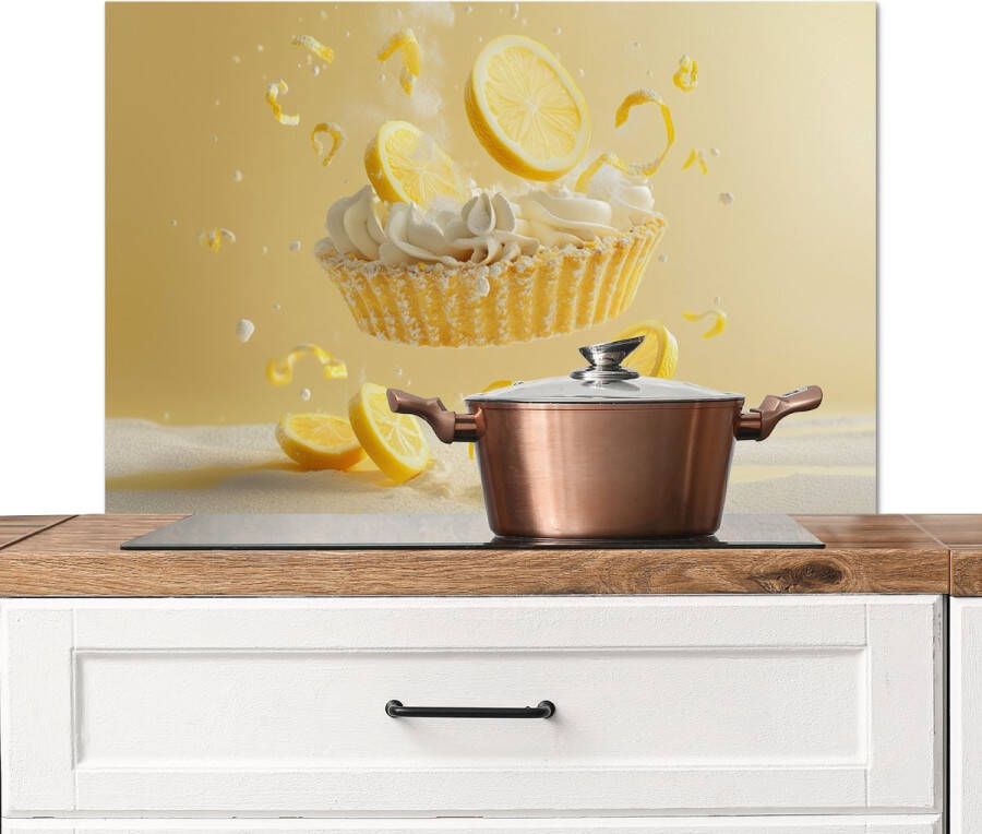 KitchenYeah Spatscherm keuken 80x55 cm Kookplaat achterwand Citroen Taart Eten Geel Muurbeschermer Spatwand fornuis Hoogwaardig aluminium