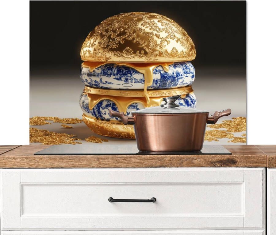 KitchenYeah Spatscherm keuken 80x55 cm Kookplaat achterwand Delftsblauw Goud Burger Muurbeschermer Spatwand fornuis Hoogwaardig aluminium