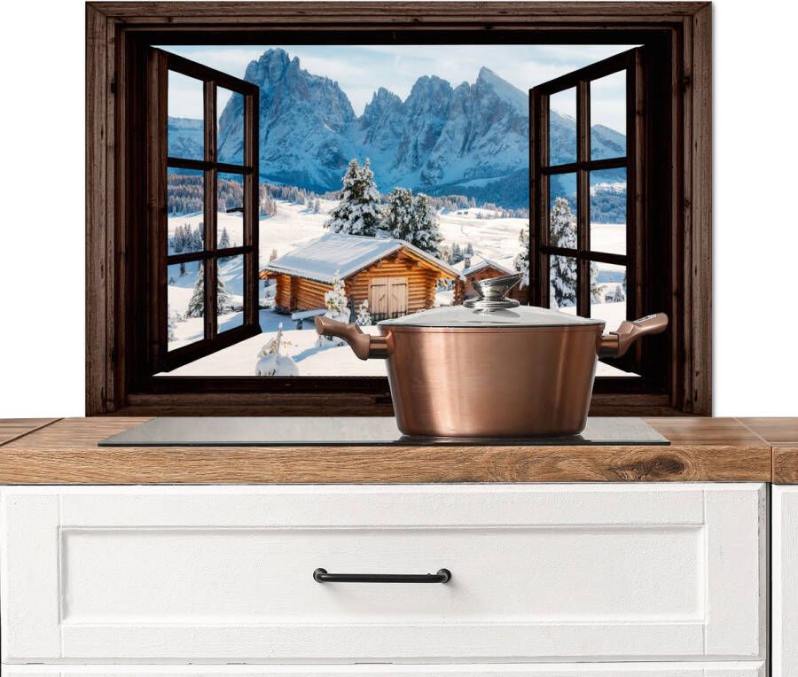 KitchenYeah Spatscherm keuken 80x55 cm Kookplaat achterwand Doorkijk Winter Landschap Huisje Bergen Muurbeschermer Spatwand fornuis Hoogwaardig aluminium