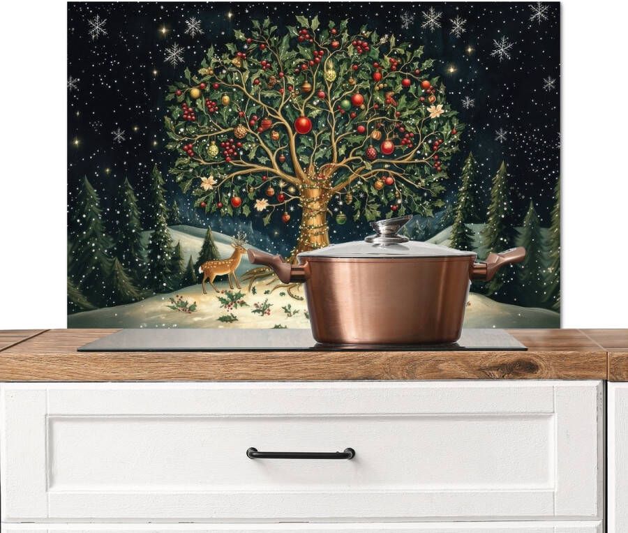KitchenYeah Spatscherm keuken 80x55 cm Kookplaat achterwand Feestboom Winterhemel Kleurrijk Muurbeschermer Spatwand fornuis Hoogwaardig aluminium