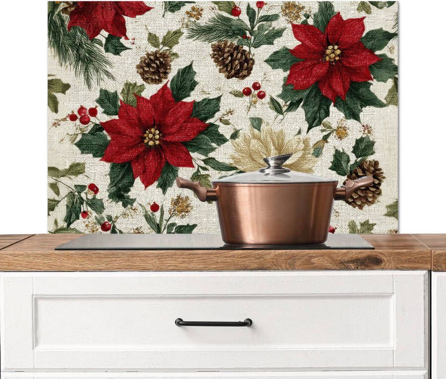 KitchenYeah Spatscherm keuken 80x55 cm Kookplaat achterwand Feestelijk Textielpatroon Kerstbloemen Kleurrijk Muurbeschermer Spatwand fornuis Hoogwaardig aluminium