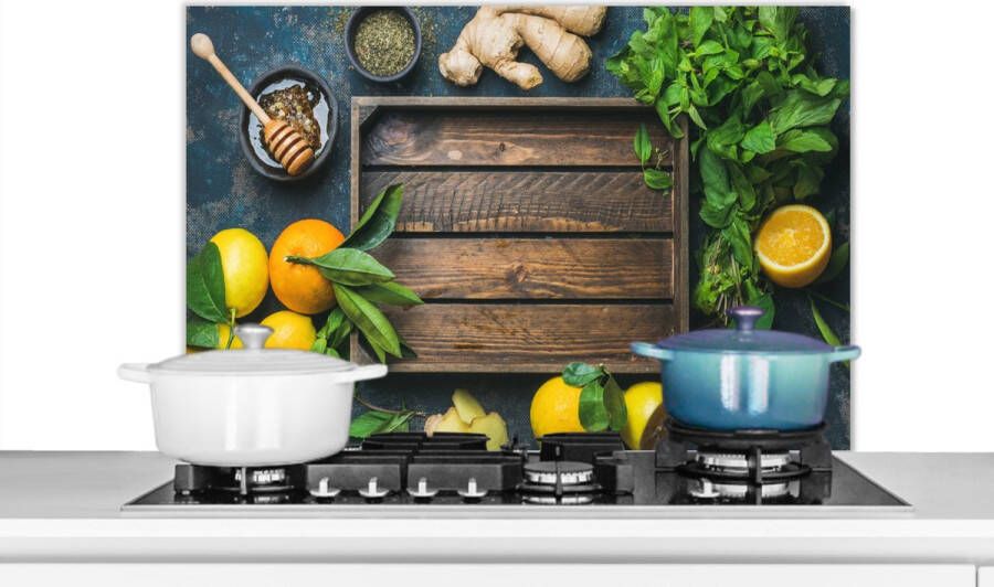 KitchenYeah Spatscherm keuken 80x55 cm Kookplaat achterwand Fruitkist Citroen Fruit Muurbeschermer Spatwand fornuis Hoogwaardig aluminium