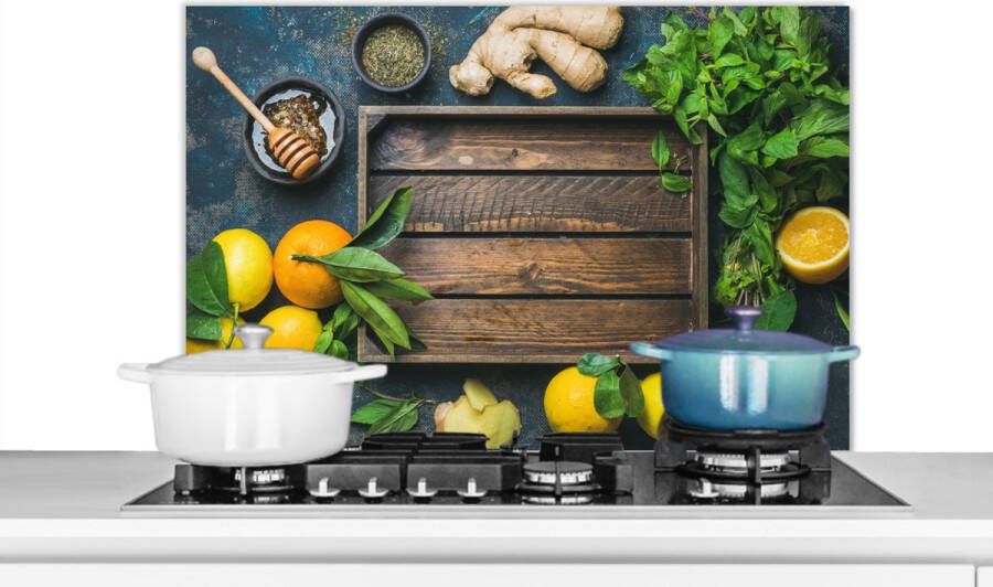 KitchenYeah Spatscherm keuken 80x55 cm Kookplaat achterwand Fruitkist Citroen Fruit Muurbeschermer Spatwand fornuis Hoogwaardig aluminium