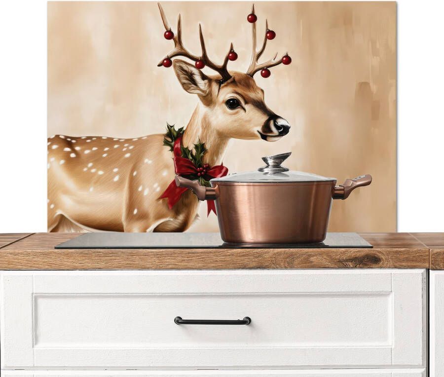 KitchenYeah Spatscherm keuken 80x55 cm Kookplaat achterwand Gewei Kerst Rendier Rood Muurbeschermer Spatwand fornuis Hoogwaardig aluminium