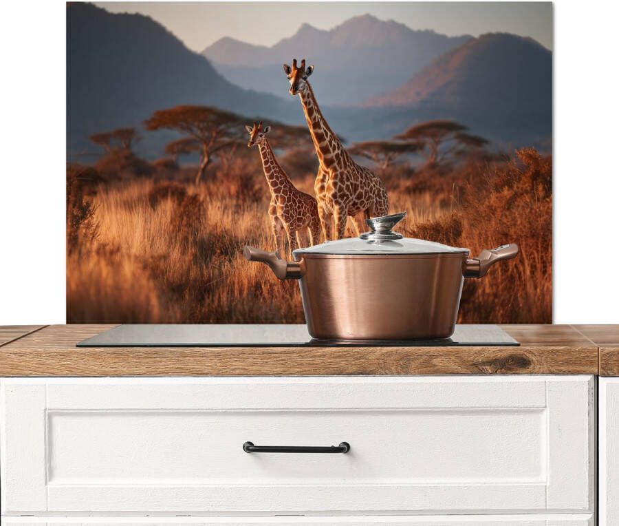 KitchenYeah Spatscherm keuken 80x55 cm Kookplaat achterwand Giraffen Hoog gras Acaciabomen Muurbeschermer Spatwand fornuis Hoogwaardig aluminium
