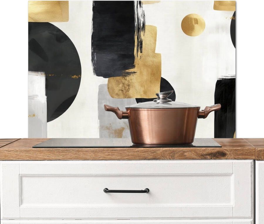 KitchenYeah Spatscherm keuken 80x55 cm Kookplaat achterwand Goud Rechthoeken Cirkels Abstract Muurbeschermer Spatwand fornuis Hoogwaardig aluminium