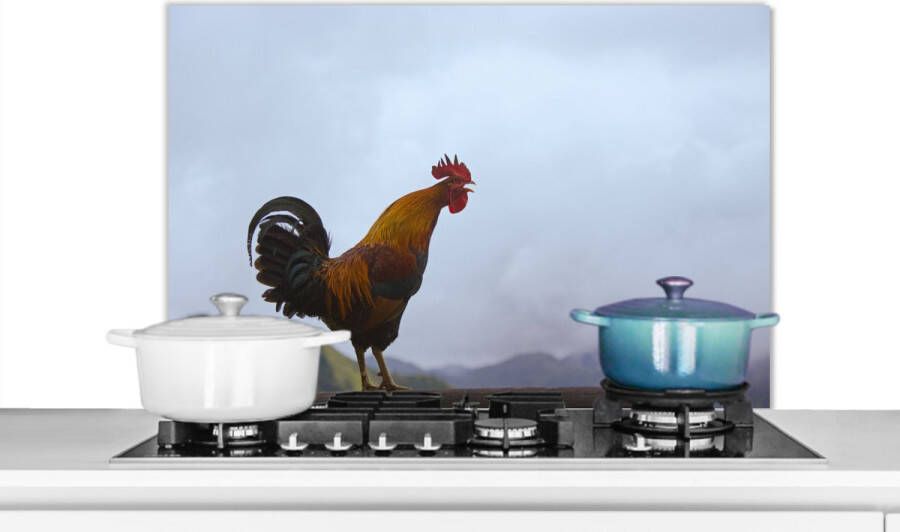 KitchenYeah Spatscherm keuken 80x55 cm Kookplaat achterwand Goudkleurige haan kraait op de berg Muurbeschermer Spatwand fornuis Hoogwaardig aluminium