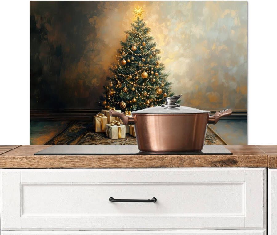 KitchenYeah Spatscherm keuken 80x55 cm Kookplaat achterwand Kerstboom Cadeaus Goud Muurbeschermer Spatwand fornuis Hoogwaardig aluminium