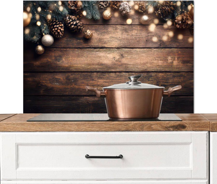KitchenYeah Spatscherm keuken 80x55 cm Kookplaat achterwand Kerstdecoratie Houten Dennenappel Bruin Muurbeschermer Spatwand fornuis Hoogwaardig aluminium