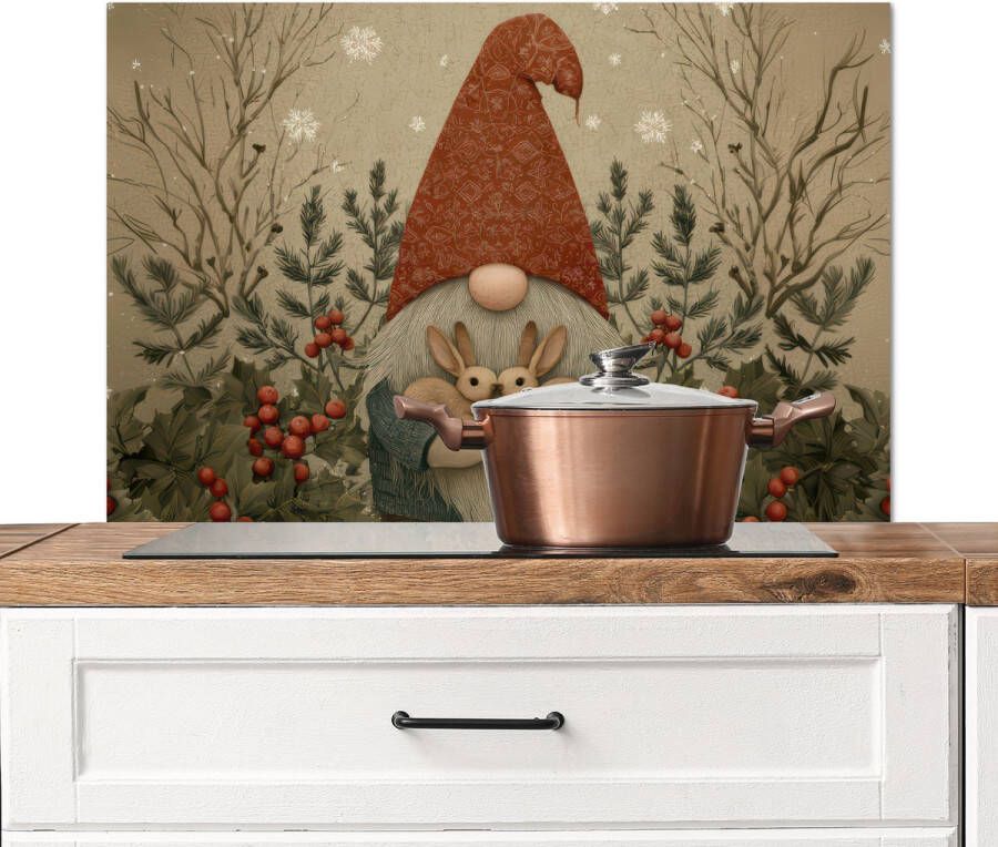 KitchenYeah Spatscherm keuken 80x55 cm Kookplaat achterwand Kerstgnome Konijntjes Kleurrijk Muurbeschermer Spatwand fornuis Hoogwaardig aluminium