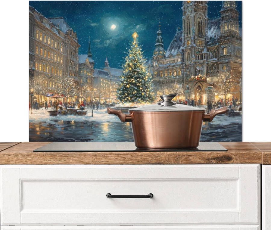 KitchenYeah Spatscherm keuken 80x55 cm Kookplaat achterwand Kerstnacht Stadsplein Meerkleurig Muurbeschermer Spatwand fornuis Hoogwaardig aluminium