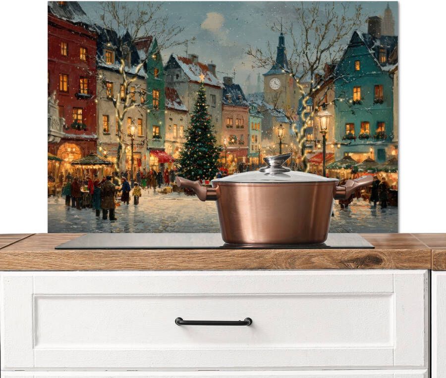 KitchenYeah Spatscherm keuken 80x55 cm Kookplaat achterwand Kerstsfeer Stadsplein Kleurrijk Muurbeschermer Spatwand fornuis Hoogwaardig aluminium