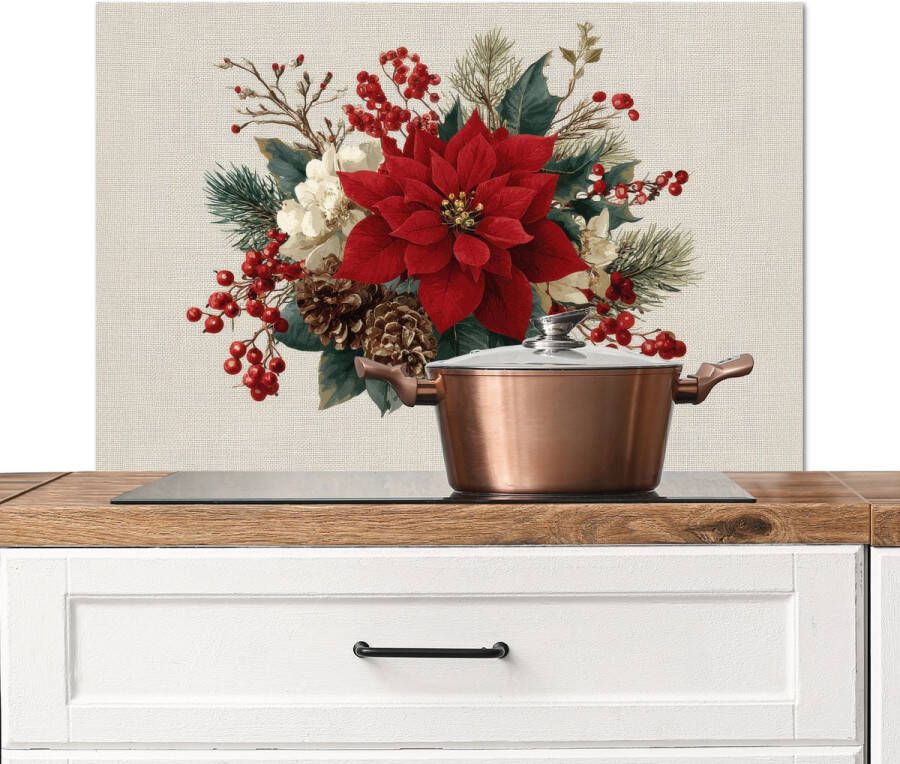 KitchenYeah Spatscherm keuken 80x55 cm Kookplaat achterwand Kerststuk Poinsettia Dennenappels Rood Muurbeschermer Spatwand fornuis Hoogwaardig aluminium