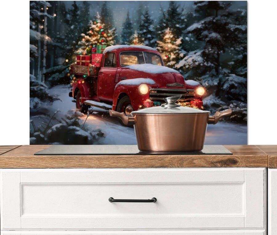 KitchenYeah Spatscherm keuken 80x55 cm Kookplaat achterwand Kersttruck Sneeuwbos Rood Muurbeschermer Spatwand fornuis Hoogwaardig aluminium