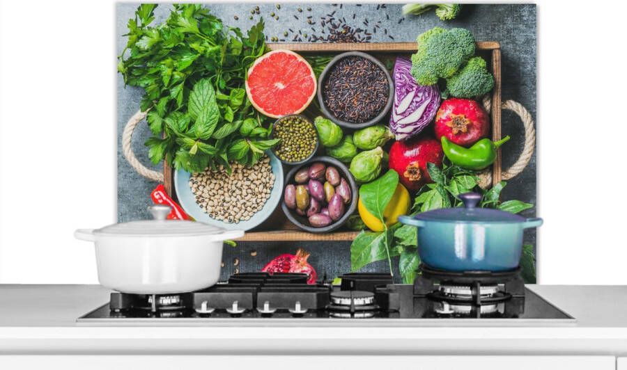 KitchenYeah Spatscherm keuken 80x55 cm Kookplaat achterwand Kist Fruit Gezond Muurbeschermer Spatwand fornuis Hoogwaardig aluminium