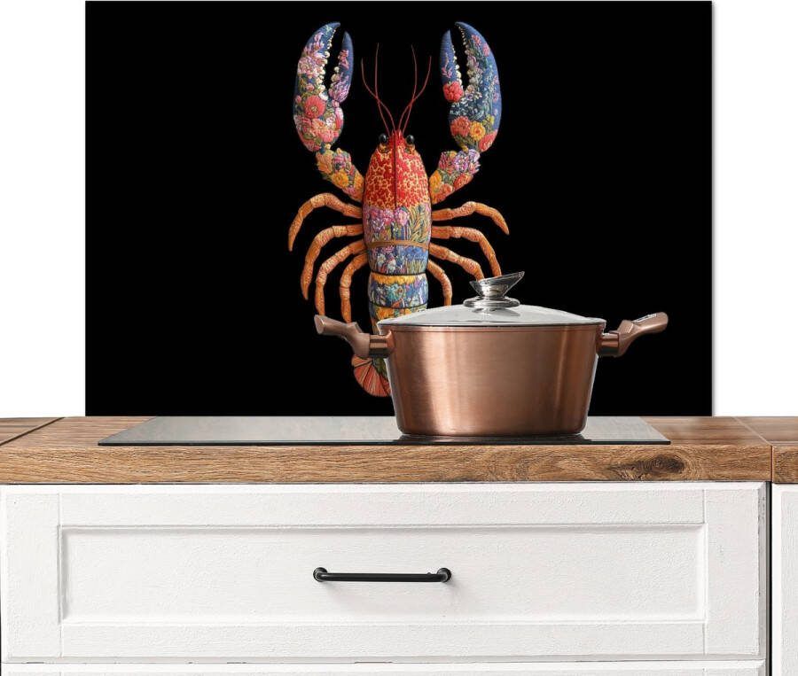KitchenYeah Spatscherm keuken 80x55 cm Kookplaat achterwand Kreeft Borduur Kleurrijk Bloemen Muurbeschermer Spatwand fornuis Hoogwaardig aluminium