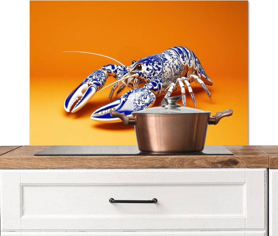 KitchenYeah Spatscherm keuken 80x55 cm Kookplaat achterwand Kreeft Delftsblauw Schild Stoer Oranje Muurbeschermer Spatwand fornuis Hoogwaardig aluminium
