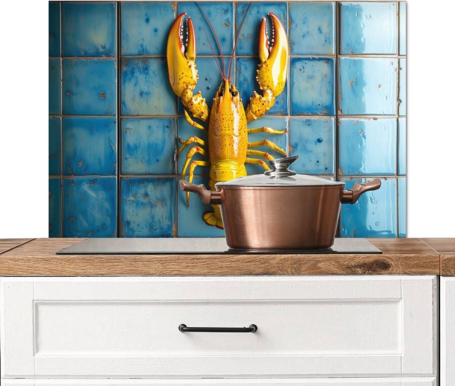 KitchenYeah Spatscherm keuken 80x55 cm Kookplaat achterwand Kreeft Geel Blauw Tegels Muurbeschermer Spatwand fornuis Hoogwaardig aluminium