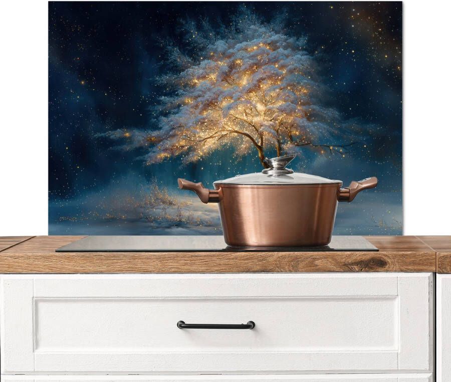 KitchenYeah Spatscherm keuken 80x55 cm Kookplaat achterwand Levensboom Nacht Donker Blauw Muurbeschermer Spatwand fornuis Hoogwaardig aluminium