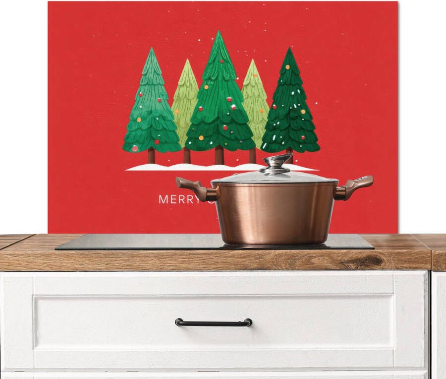 KitchenYeah Spatscherm keuken 80x55 cm Kookplaat achterwand Minimalistisch Kerstbomen Rood Sneeuw Muurbeschermer Spatwand fornuis Hoogwaardig aluminium