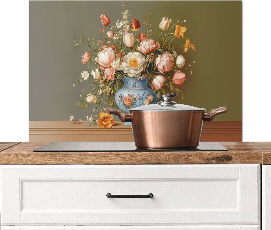 KitchenYeah Spatscherm keuken 80x55 cm Kookplaat achterwand Neutral Bloemen Boeket Vaas Muurbeschermer Spatwand fornuis Hoogwaardig aluminium