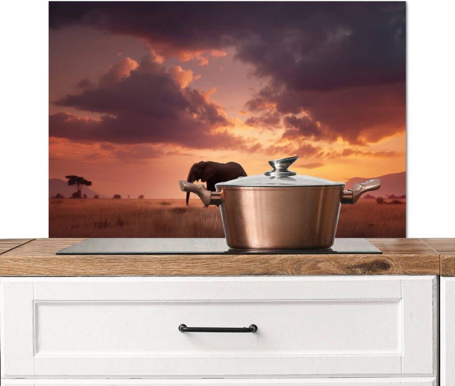 KitchenYeah Spatscherm keuken 80x55 cm Kookplaat achterwand Olifanten Grasland Zonsondergang Muurbeschermer Spatwand fornuis Hoogwaardig aluminium