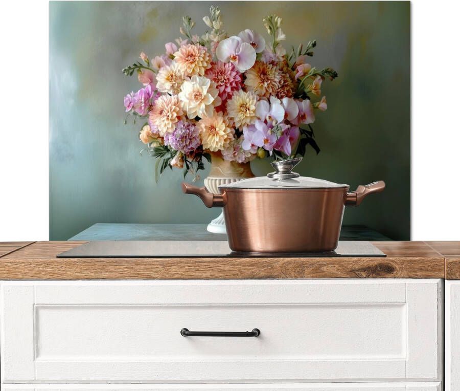 KitchenYeah Spatscherm keuken 80x55 cm Kookplaat achterwand Orchidee Boeket Vaas Bloemen Muurbeschermer Spatwand fornuis Hoogwaardig aluminium