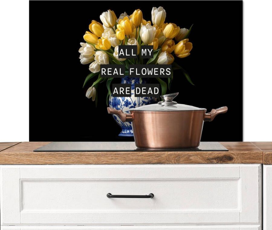 KitchenYeah Spatscherm keuken 80x55 cm Kookplaat achterwand Quotes Bloem Tulp Geel Muurbeschermer Spatwand fornuis Hoogwaardig aluminium