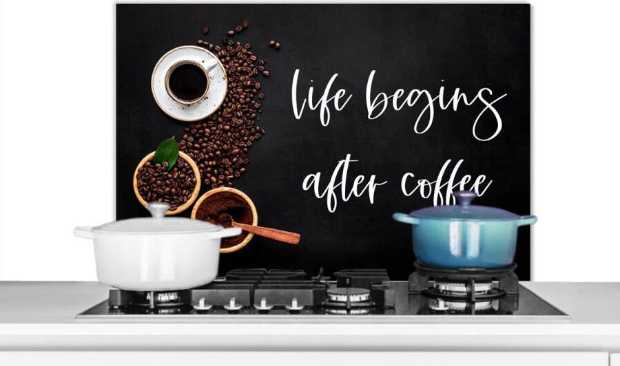 KitchenYeah Spatscherm keuken 80x55 cm Kookplaat achterwand Quotes Spreuken Life begins after coffee Koffie Muurbeschermer Spatwand fornuis Hoogwaardig aluminium