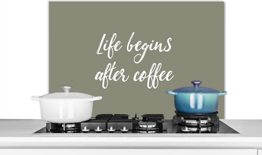 KitchenYeah Spatscherm keuken 80x55 cm Kookplaat achterwand Quotes Spreuken Life begins after coffee Koffie Muurbeschermer Spatwand fornuis Hoogwaardig aluminium
